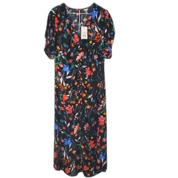 A New Day Floral Maxi Dress Ruched‎ Sleeve V-Neck Black Multicolor - Picture 1 of 7